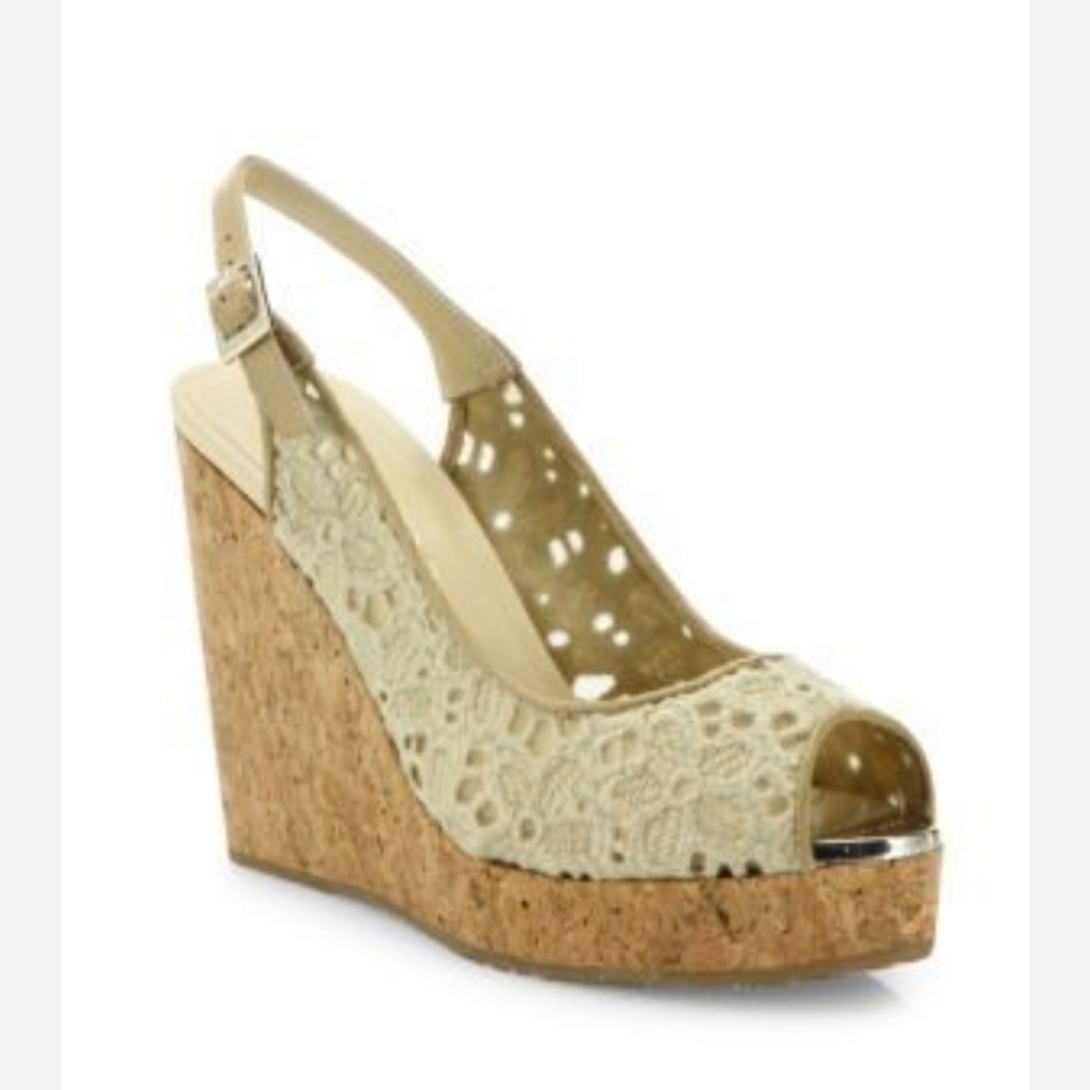 JIMMY CHOO PROVA Eyelet Peep Toe Platform Cork Wedge Slingback Sandals,Size 10.5